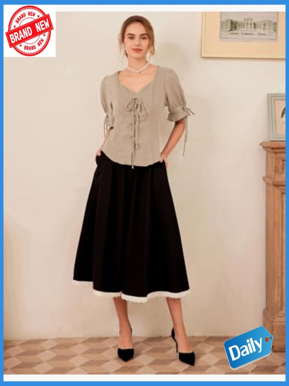 Plus Size Lace-Up Renaissance Blouse Puff Sleeve Peasant Top - Picture 5 of 7